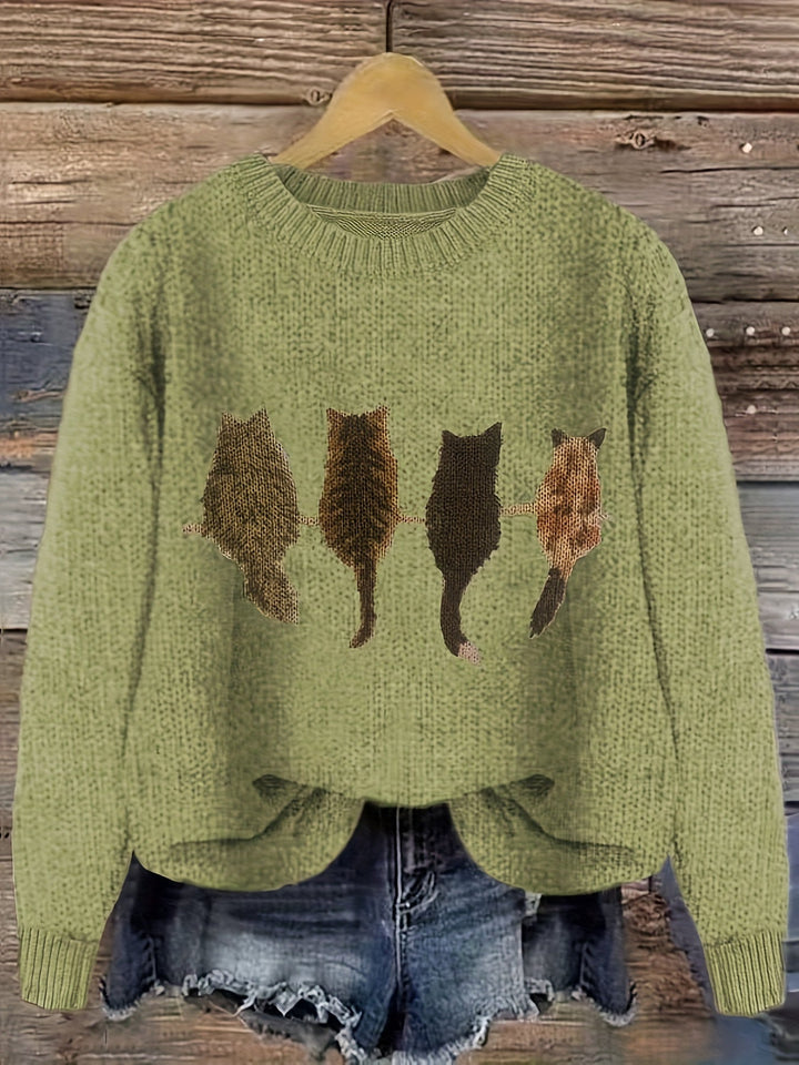 Women's Cat Print Crewneck Oversized Knit Sweater