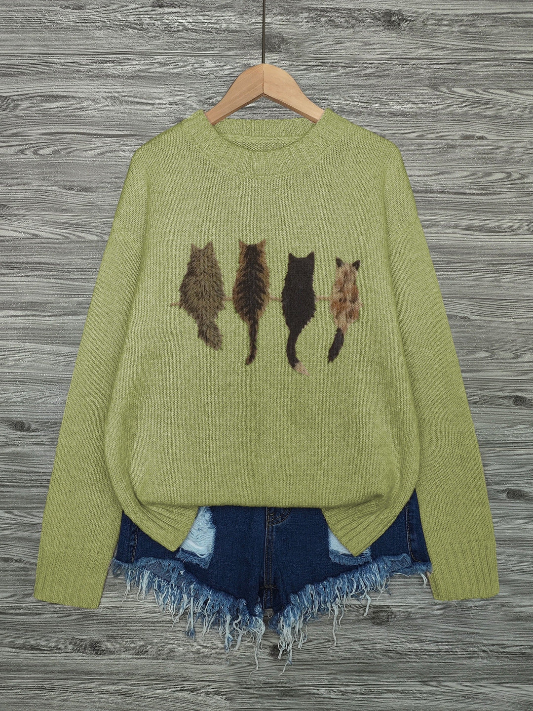 Women's Cat Print Crewneck Oversized Knit Sweater