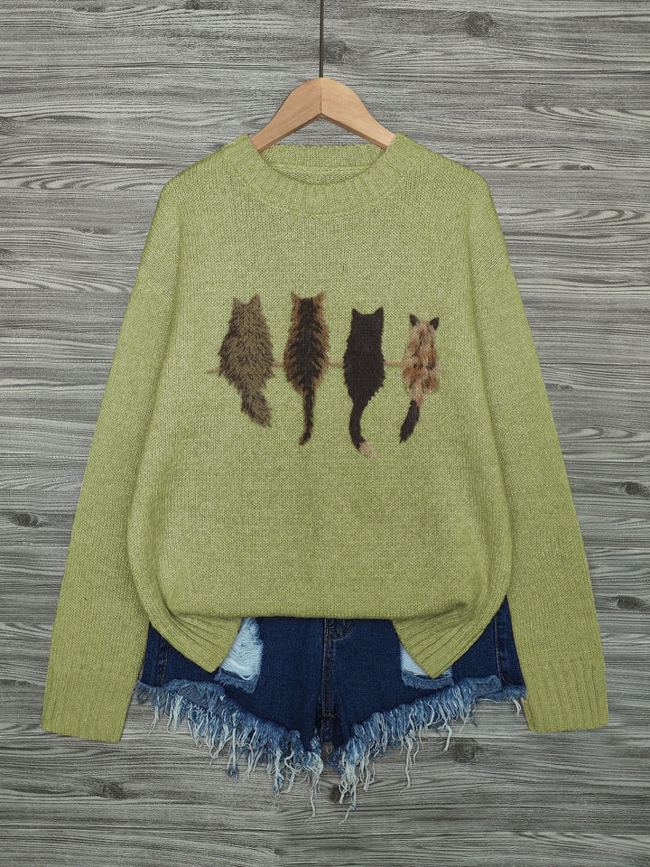 Women's Cat Print Crewneck Oversized Knit Sweater