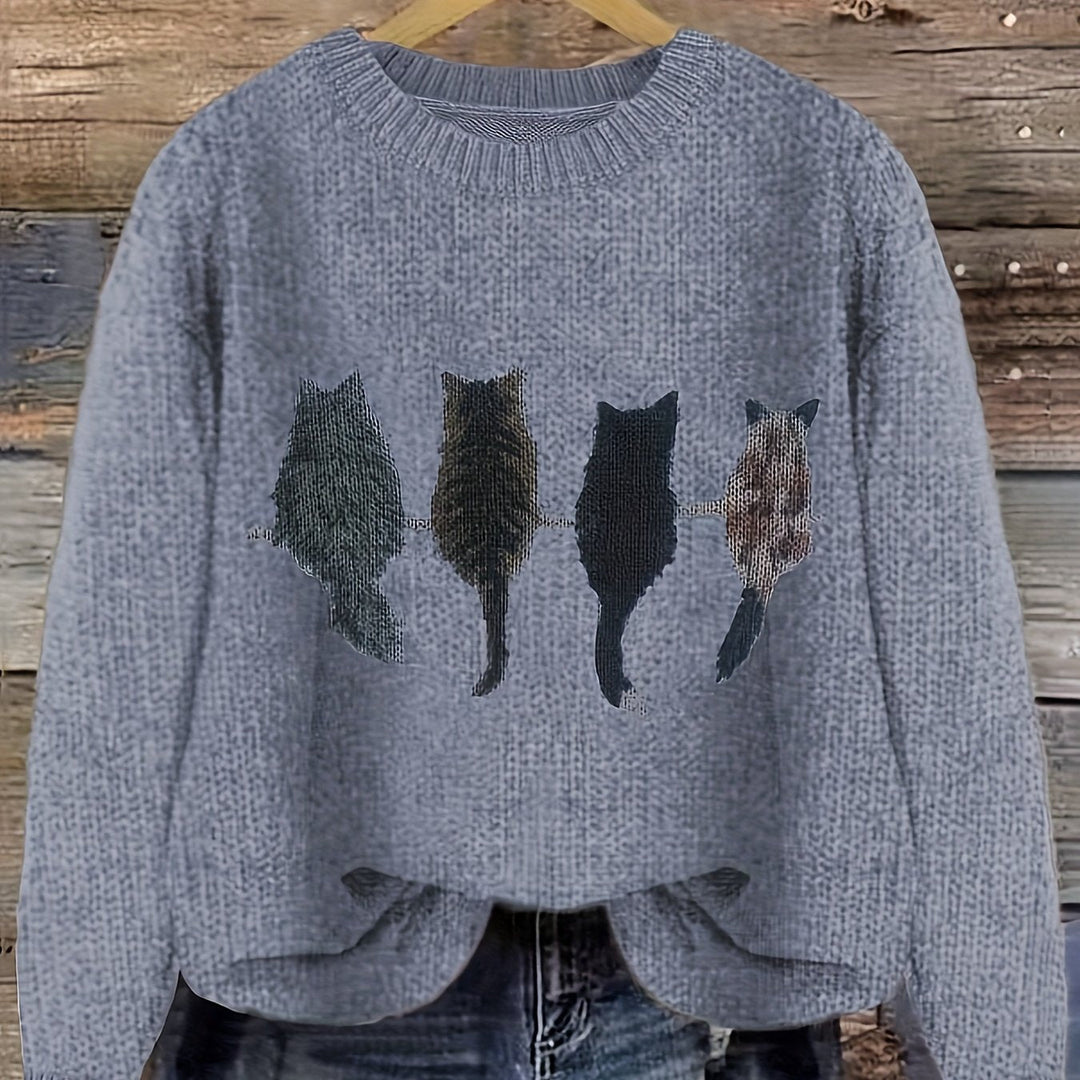 Women's Cat Print Crewneck Oversized Knit Sweater