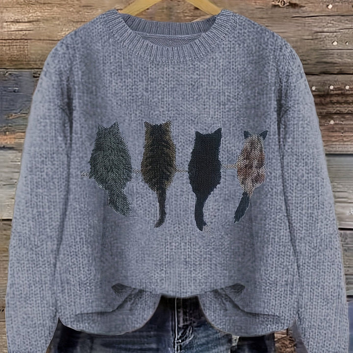 Women's Cat Print Crewneck Oversized Knit Sweater
