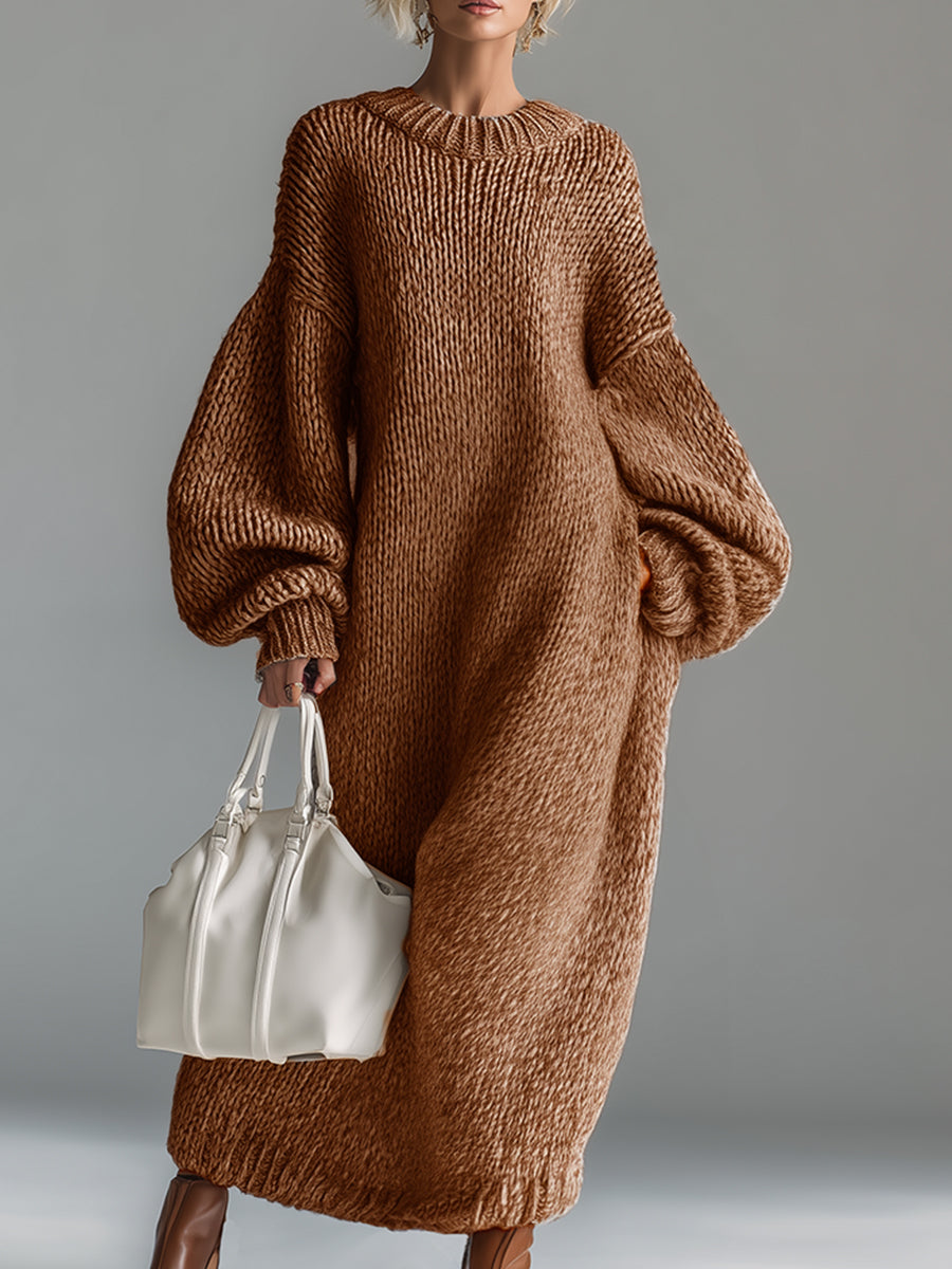 Women's Chunky Knit Balloon Sleeve Oversized Maxi Sweater Dress