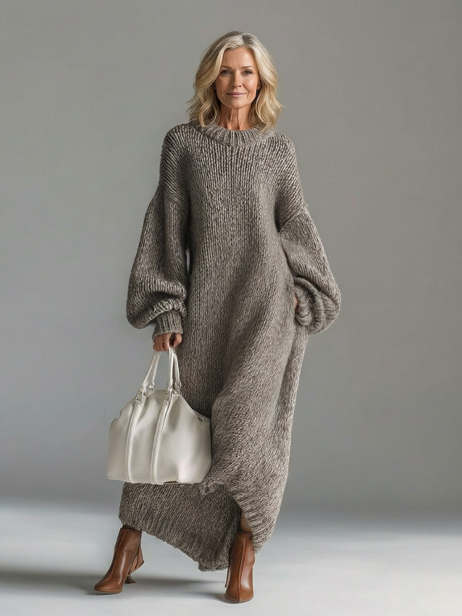 Women's Chunky Knit Balloon Sleeve Oversized Maxi Sweater Dress
