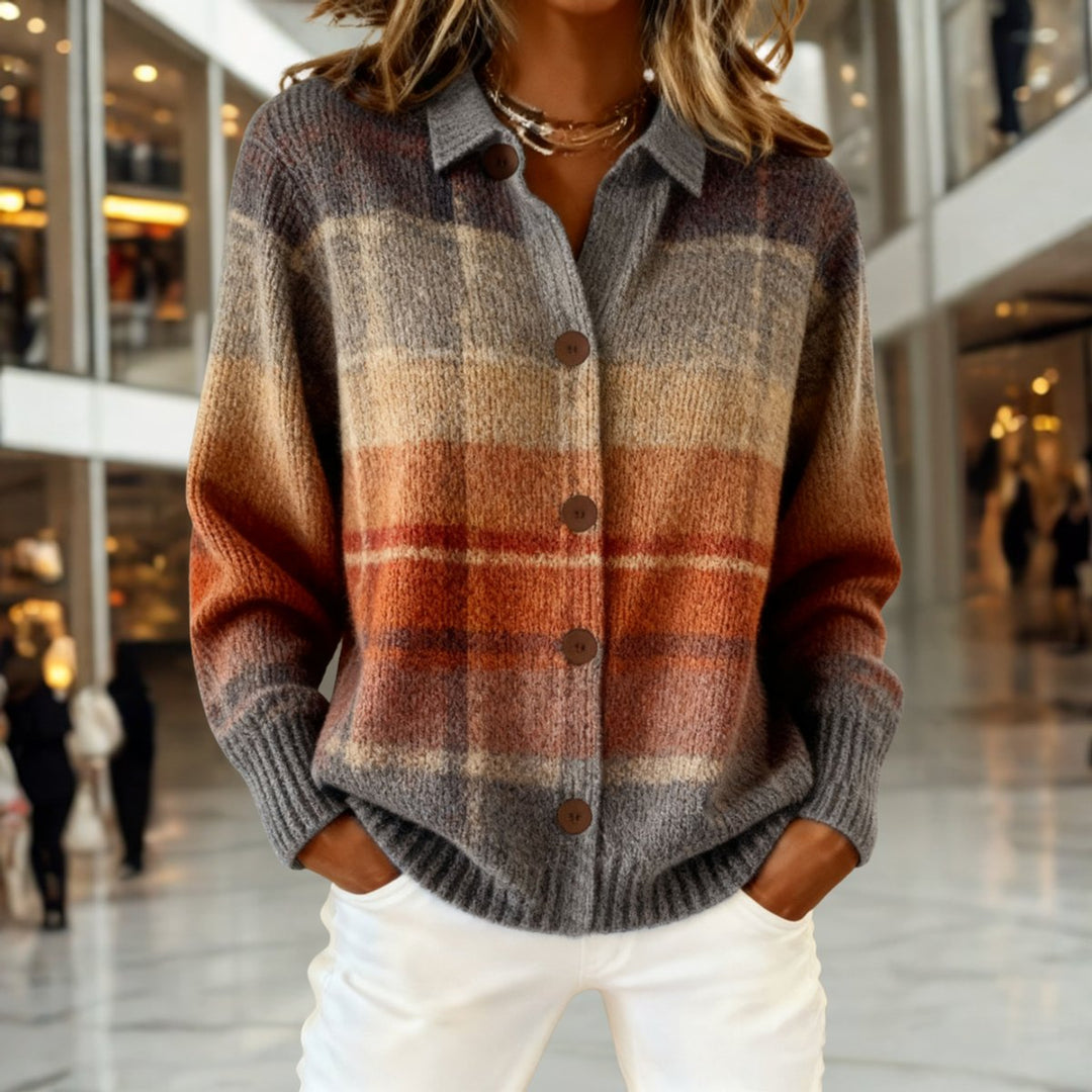 Women's Collared Button Down Ombre Plaid Cardigan Sweater