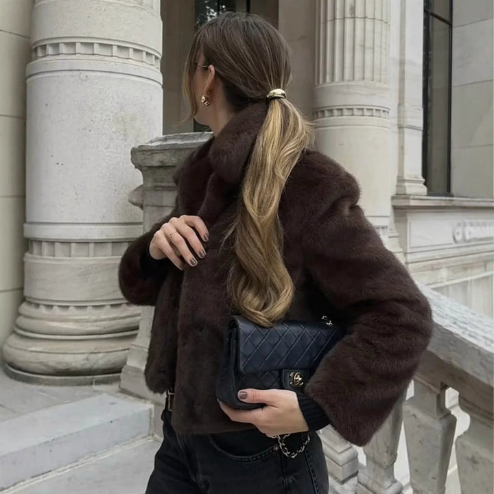 Women's Dark Brown Faux Fur Short Collared Jacket