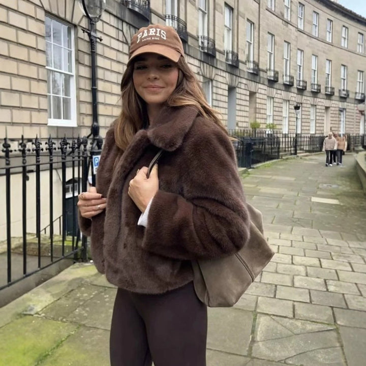 Women's Dark Brown Faux Fur Short Collared Jacket