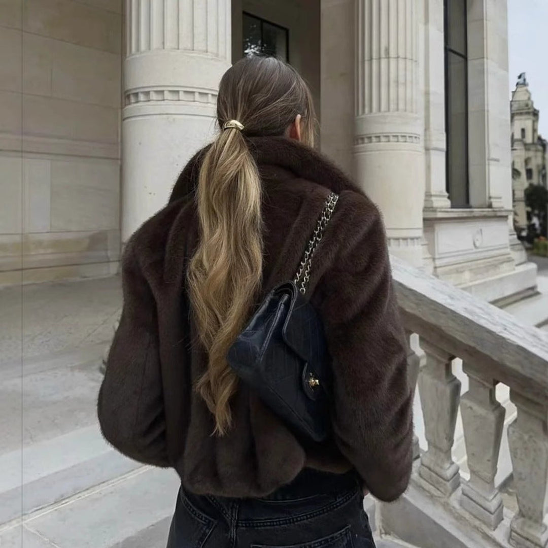 Women's Dark Brown Faux Fur Short Collared Jacket
