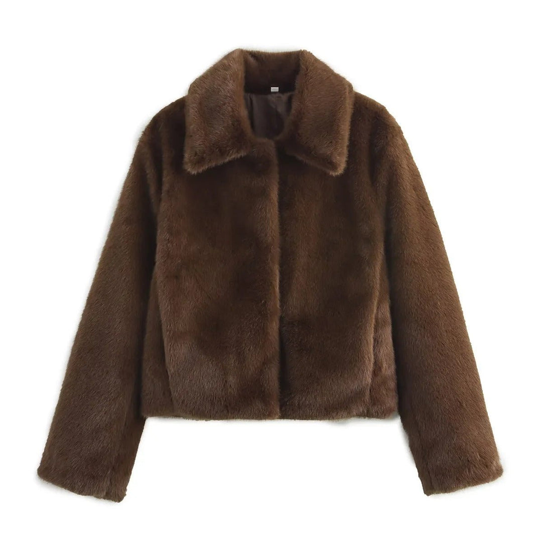 Women's Dark Brown Faux Fur Short Collared Jacket