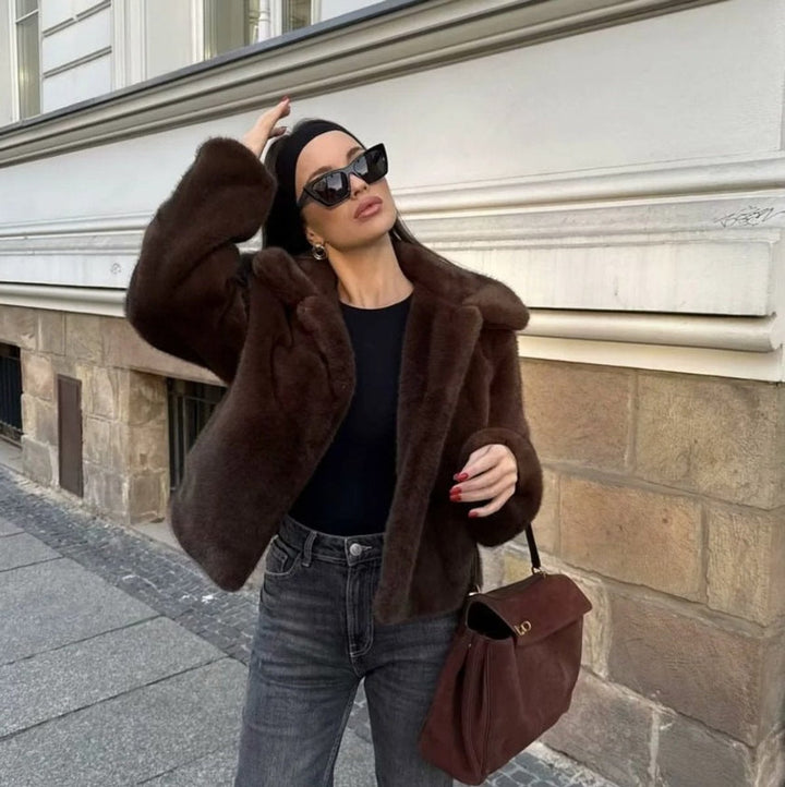 Women's Dark Brown Faux Fur Short Collared Jacket