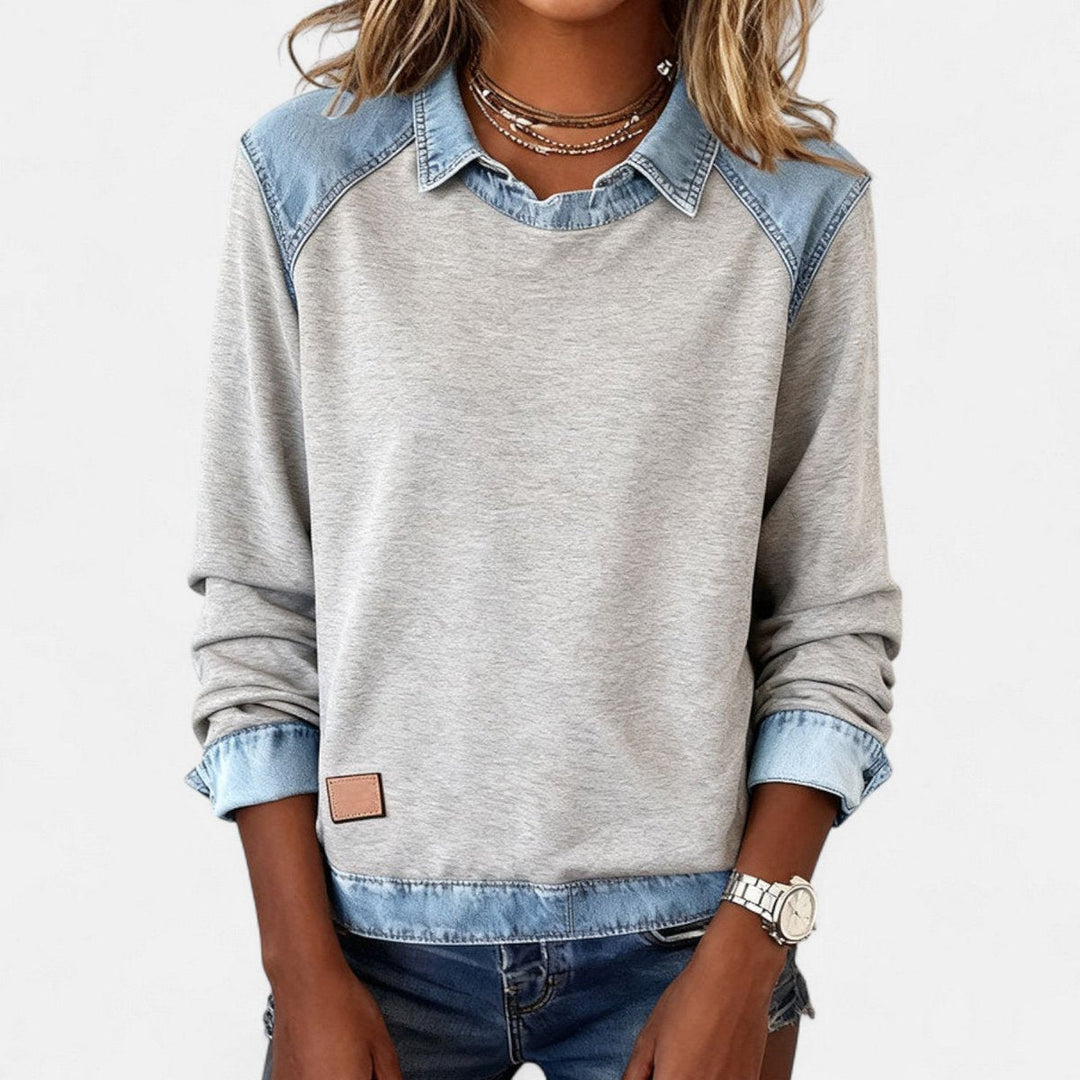 Women's Denim Collar Raglan Long Sleeve Knit Sweater