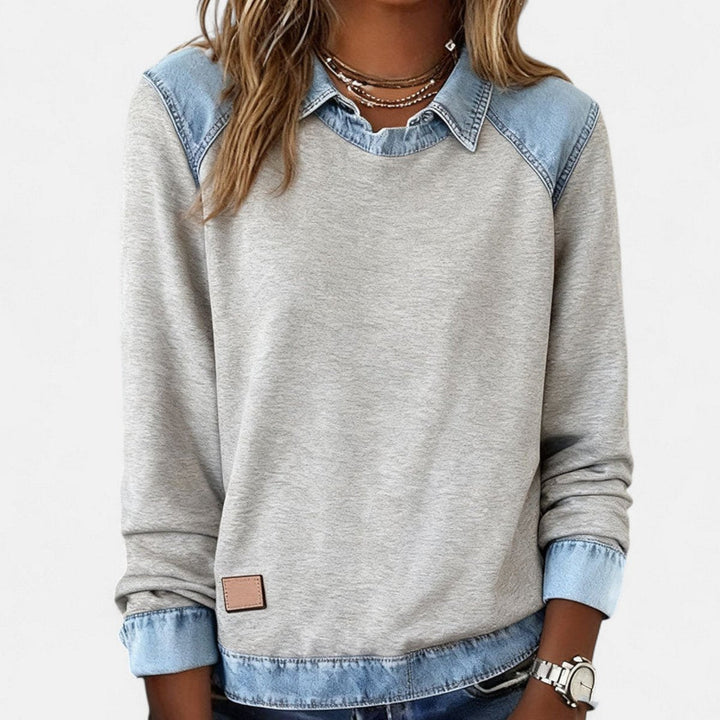 Women's Denim Collar Raglan Long Sleeve Knit Sweater