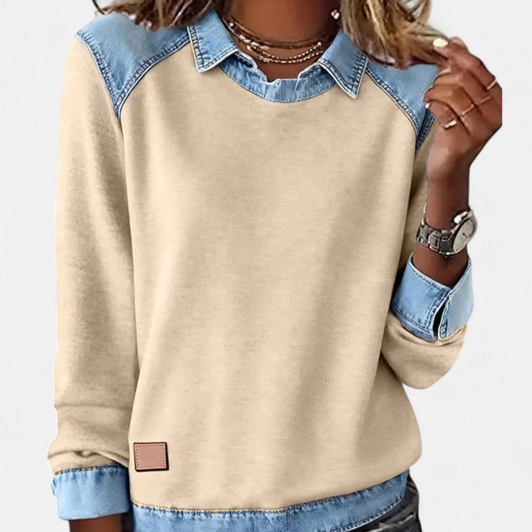 Women's Denim Collar Raglan Long Sleeve Knit Sweater