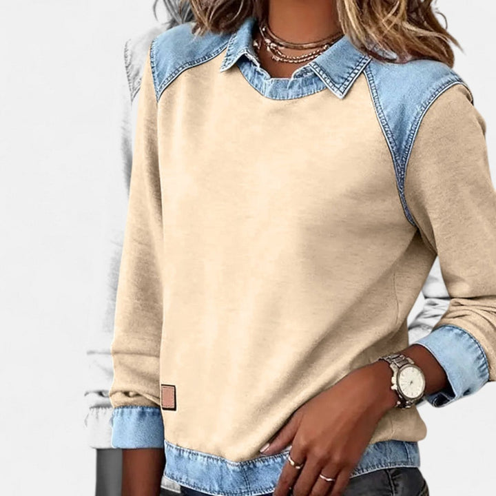 Women's Denim Collar Raglan Long Sleeve Knit Sweater