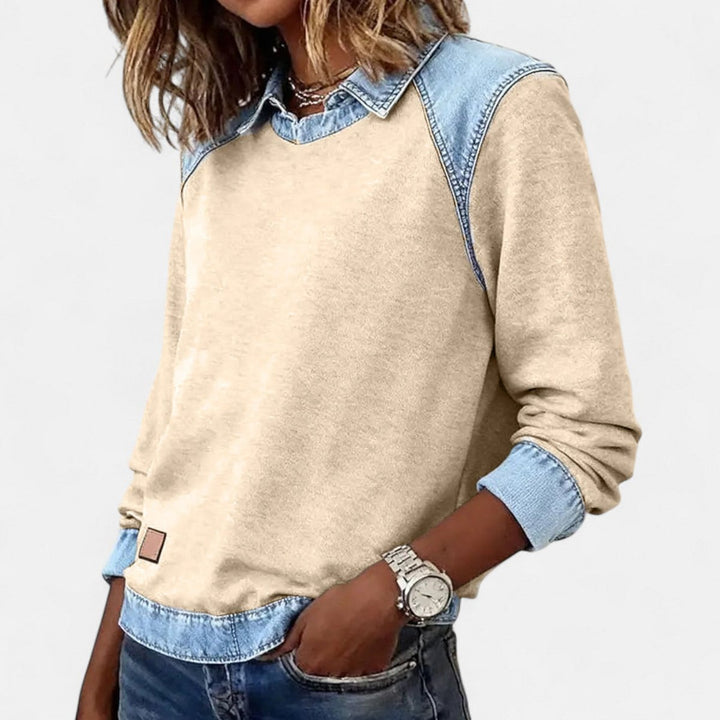Women's Denim Collar Raglan Long Sleeve Knit Sweater