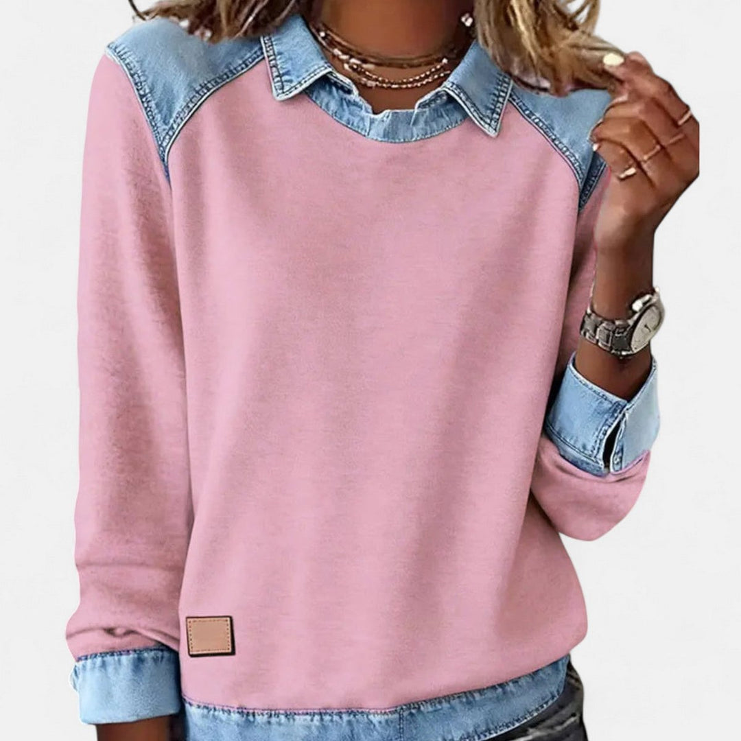 Women's Denim Collar Raglan Long Sleeve Knit Sweater