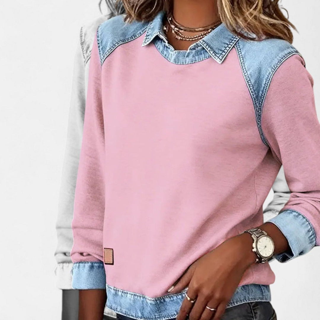 Women's Denim Collar Raglan Long Sleeve Knit Sweater