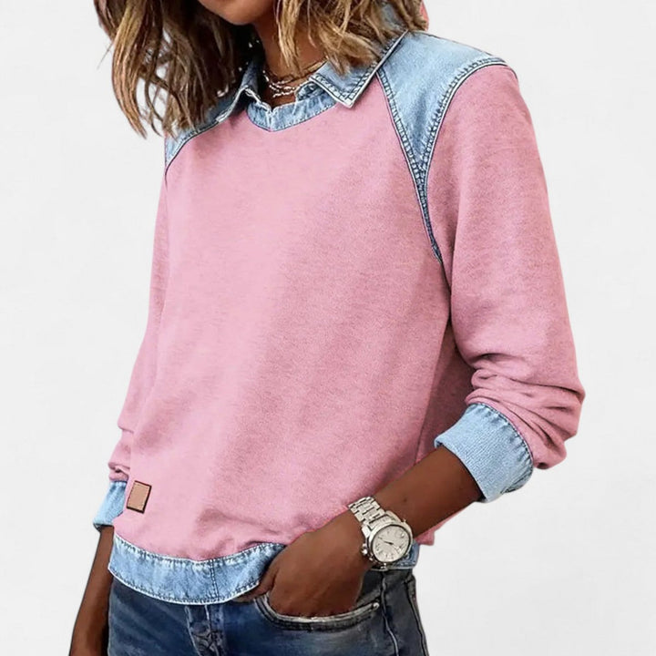Women's Denim Collar Raglan Long Sleeve Knit Sweater