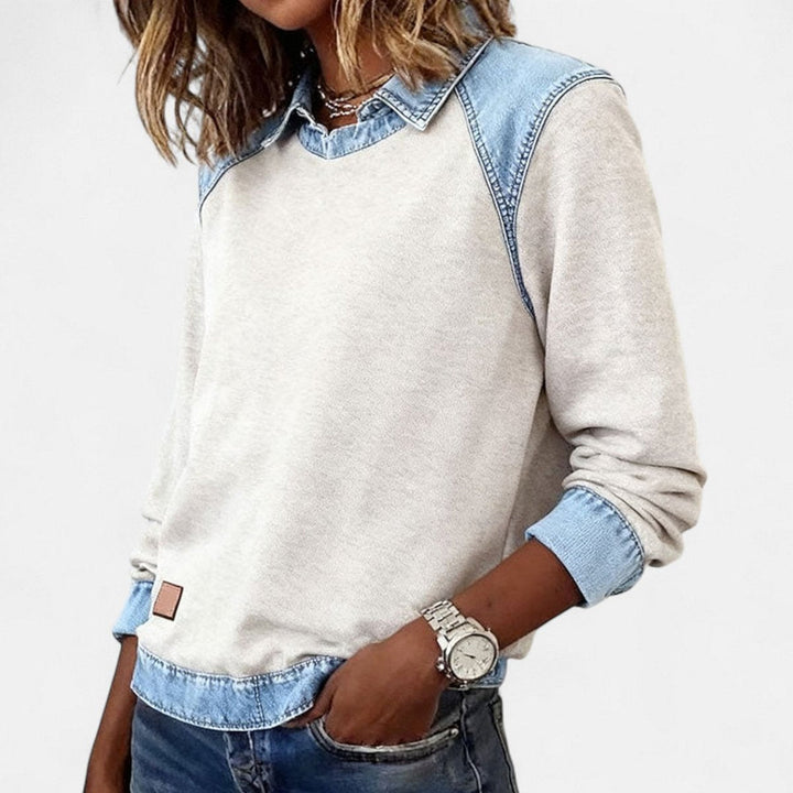 Women's Denim Collar Raglan Long Sleeve Knit Sweater