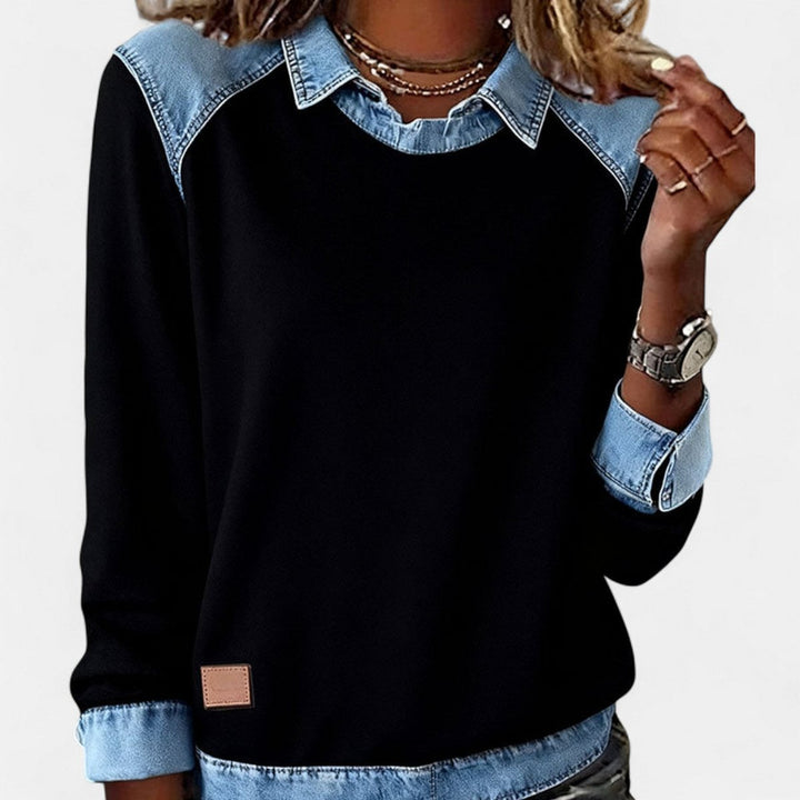 Women's Denim Collar Raglan Long Sleeve Knit Sweater