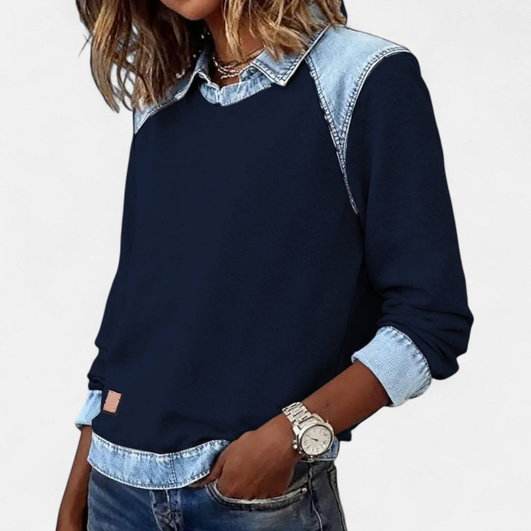 Women's Denim Collar Raglan Long Sleeve Knit Sweater