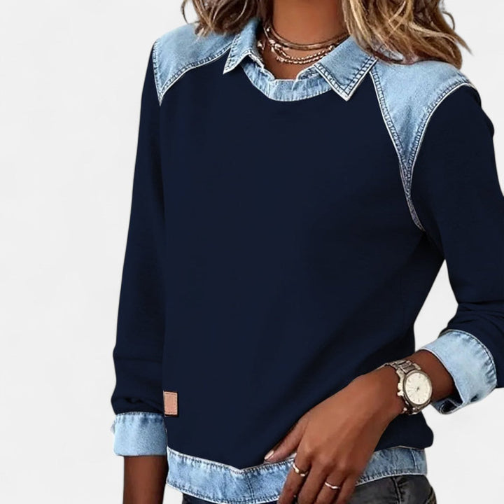 Women's Denim Collar Raglan Long Sleeve Knit Sweater
