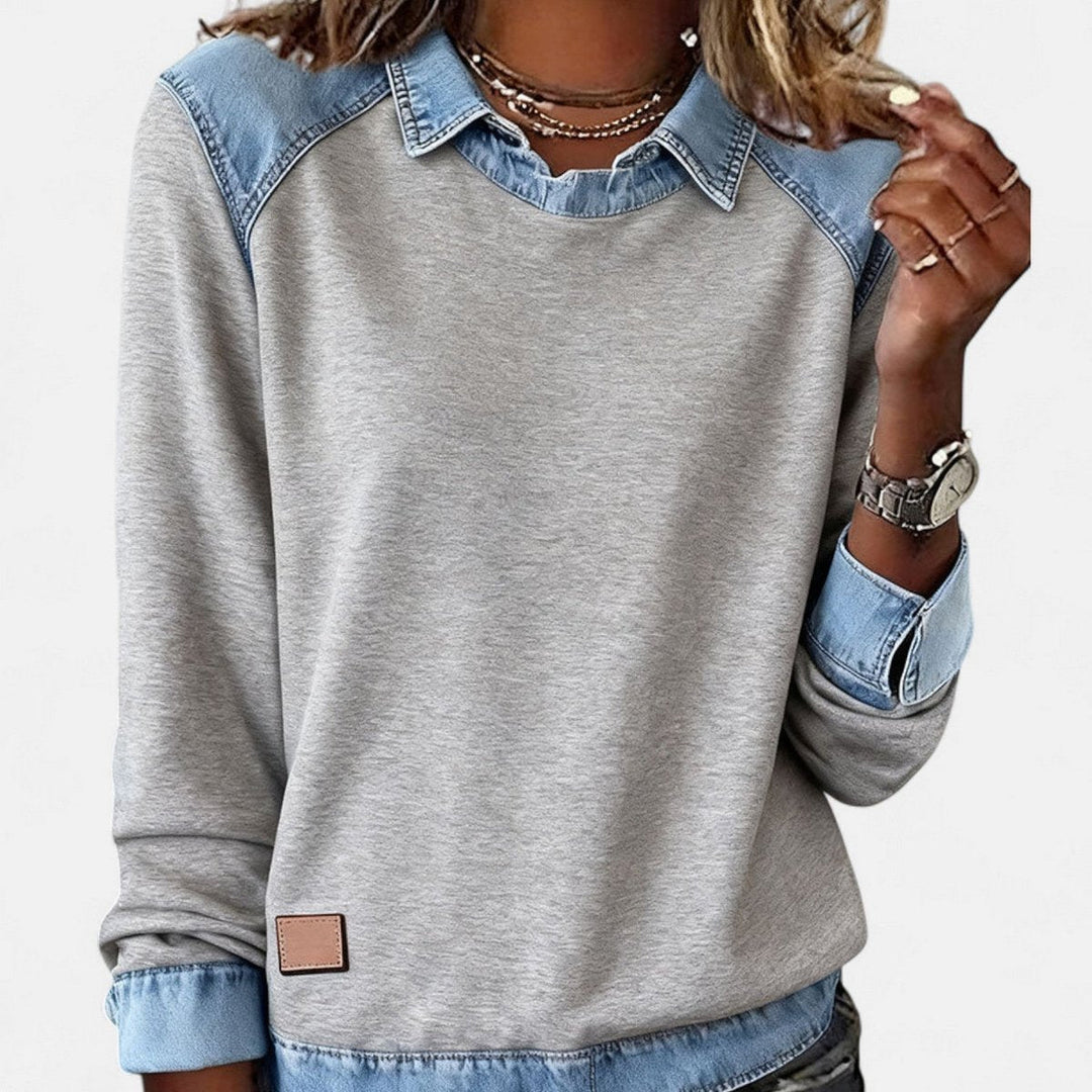 Women's Denim Collar Raglan Long Sleeve Knit Sweater