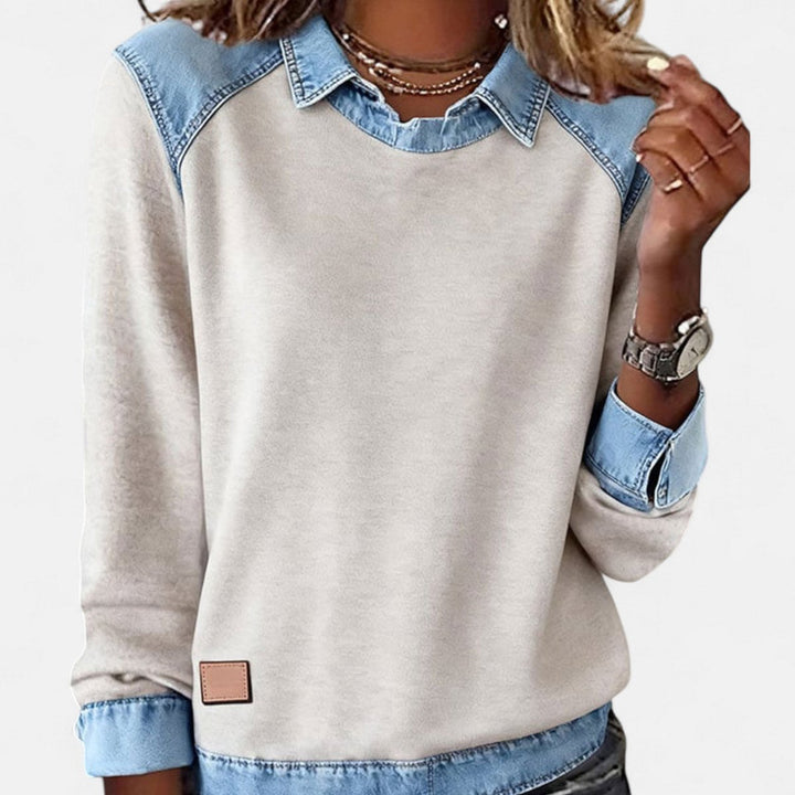 Women's Denim Collar Raglan Long Sleeve Knit Sweater