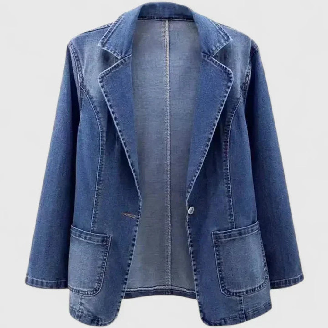 Women's Denim Single Button Patch Pocket Blazer Jacket