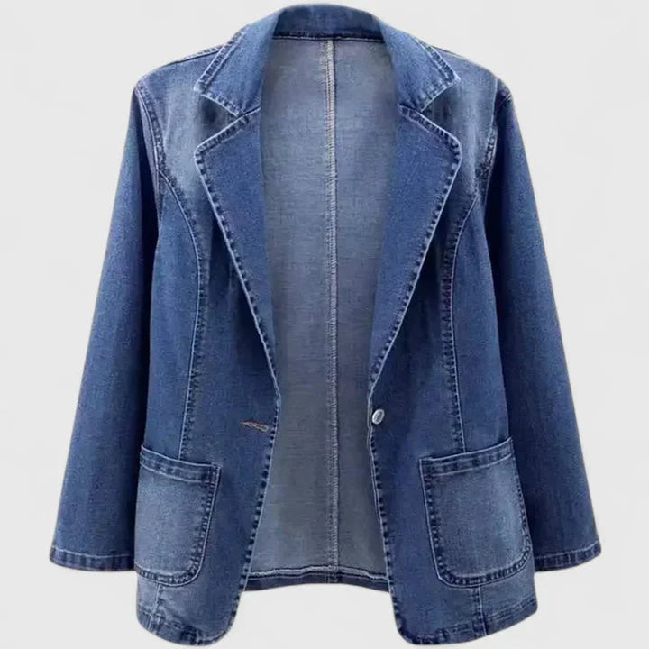Women's Denim Single Button Patch Pocket Blazer Jacket