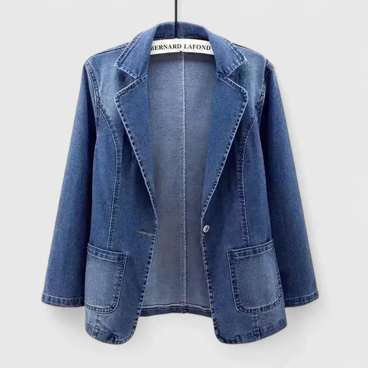Women's Denim Single Button Patch Pocket Blazer Jacket