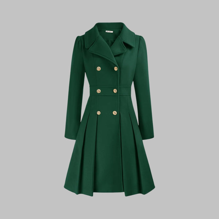 Women's Double Breasted Pleated A Line Long Sleeve Coat