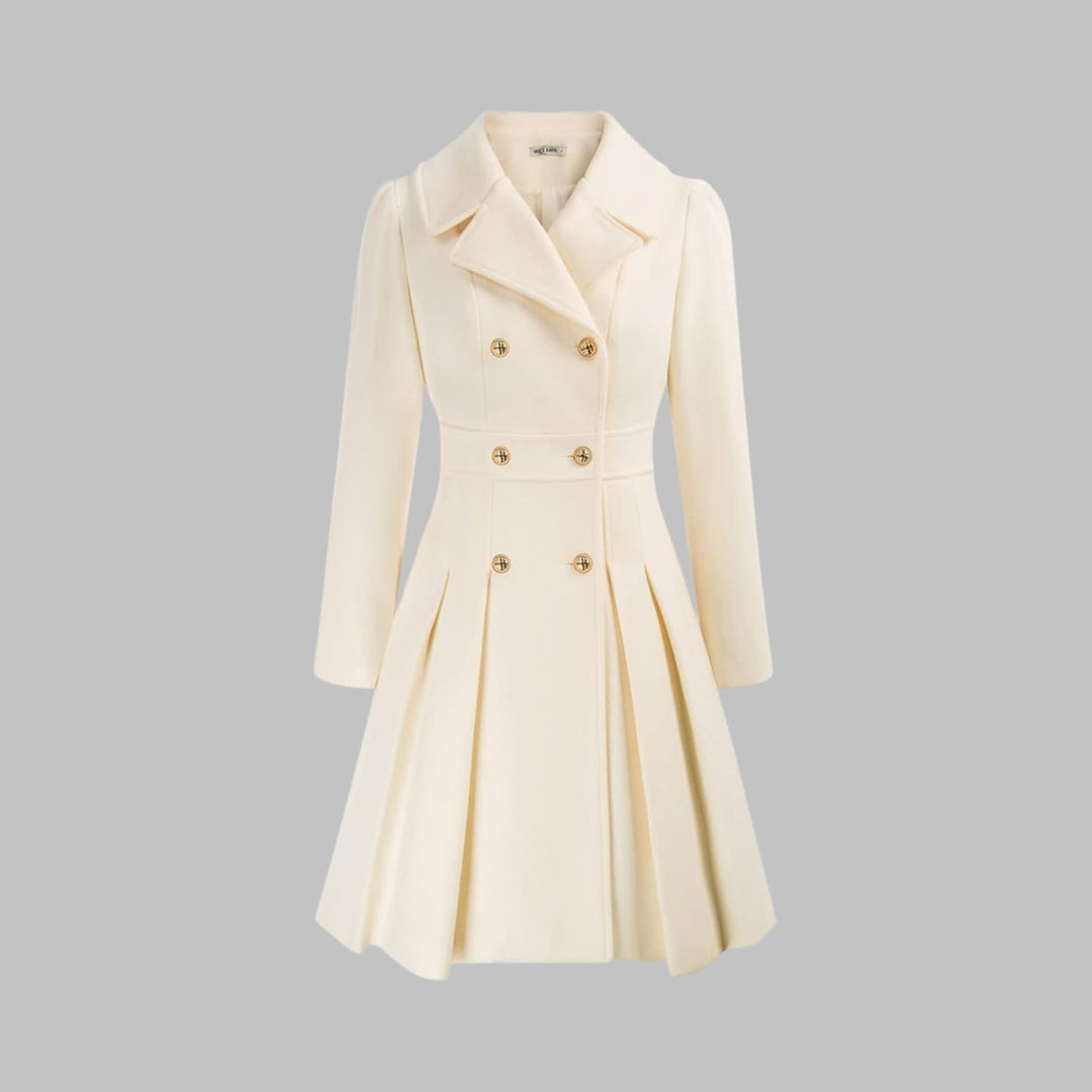 Women's Double Breasted Pleated A Line Long Sleeve Coat