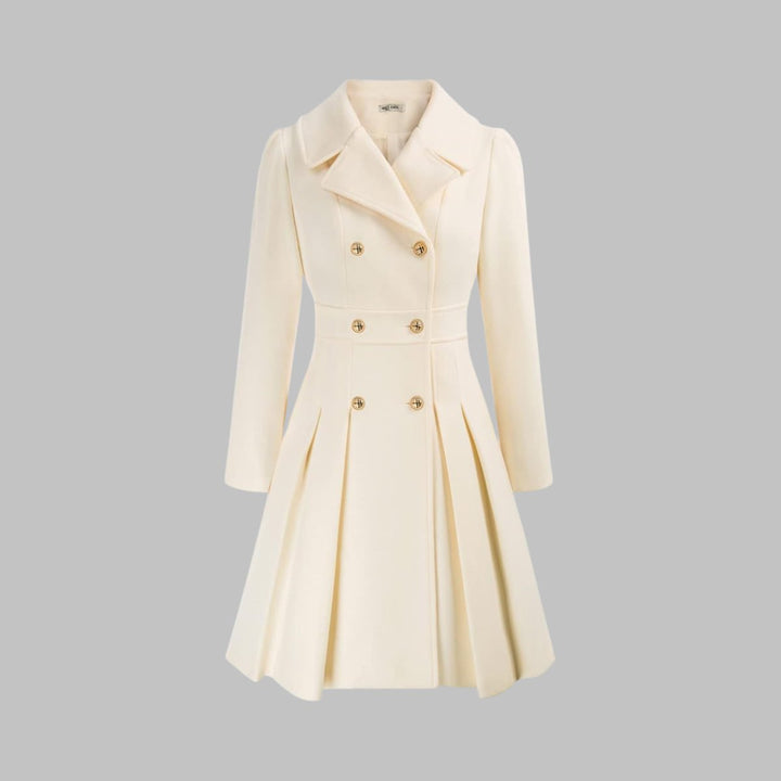 Women's Double Breasted Pleated A Line Long Sleeve Coat