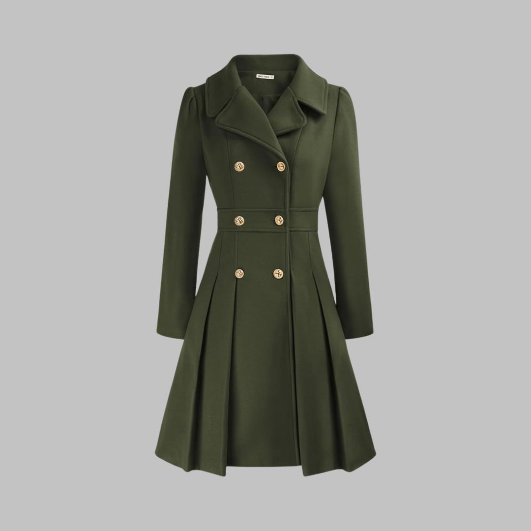 Women's Double Breasted Pleated A Line Long Sleeve Coat