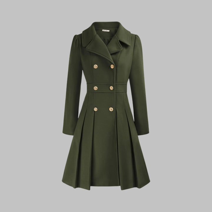 Women's Double Breasted Pleated A Line Long Sleeve Coat
