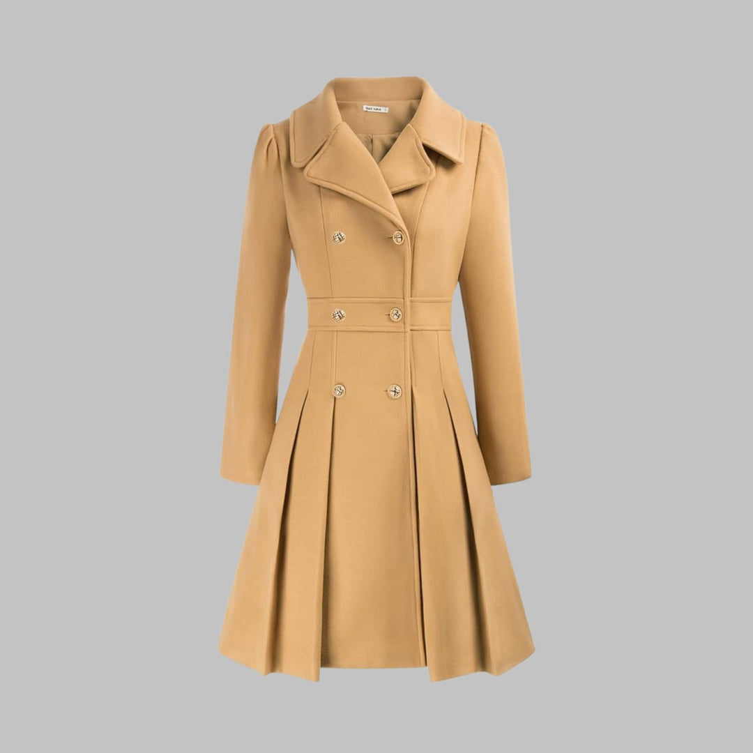 Women's Double Breasted Pleated A Line Long Sleeve Coat