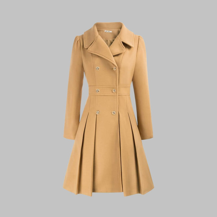 Women's Double Breasted Pleated A Line Long Sleeve Coat