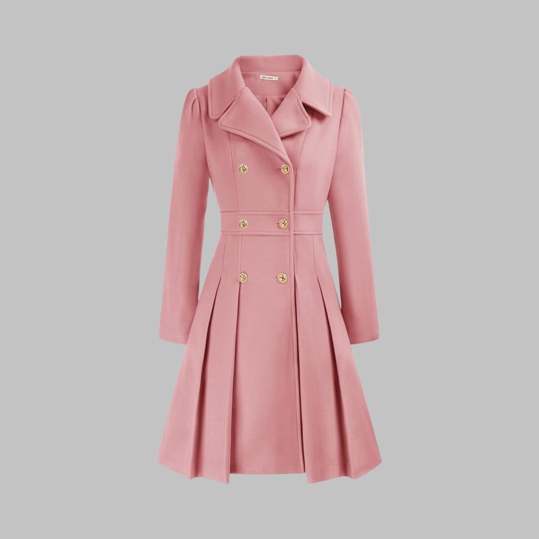 Women's Double Breasted Pleated A Line Long Sleeve Coat