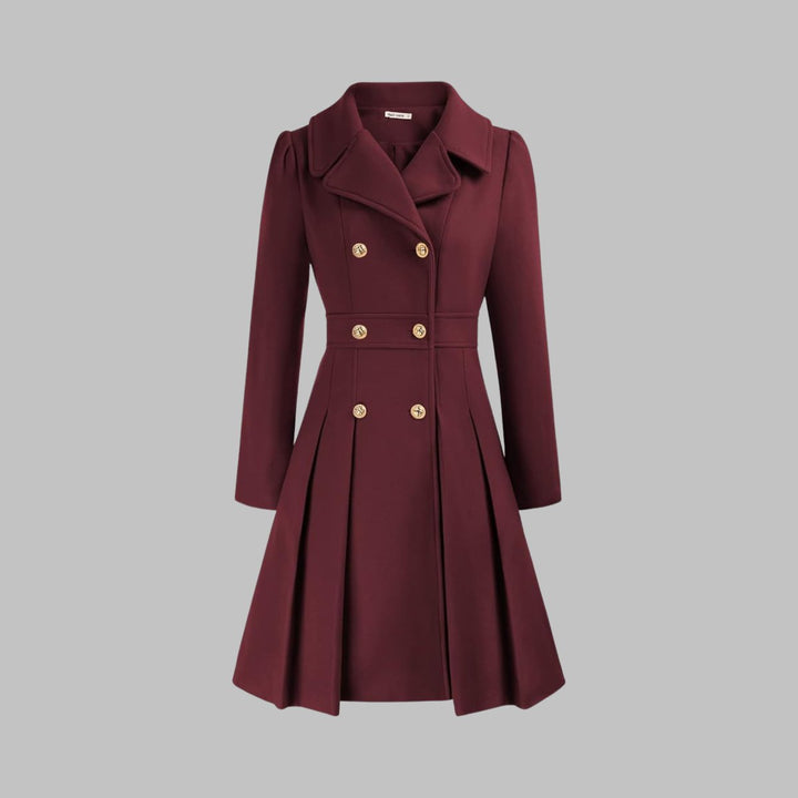 Women's Double Breasted Pleated A Line Long Sleeve Coat