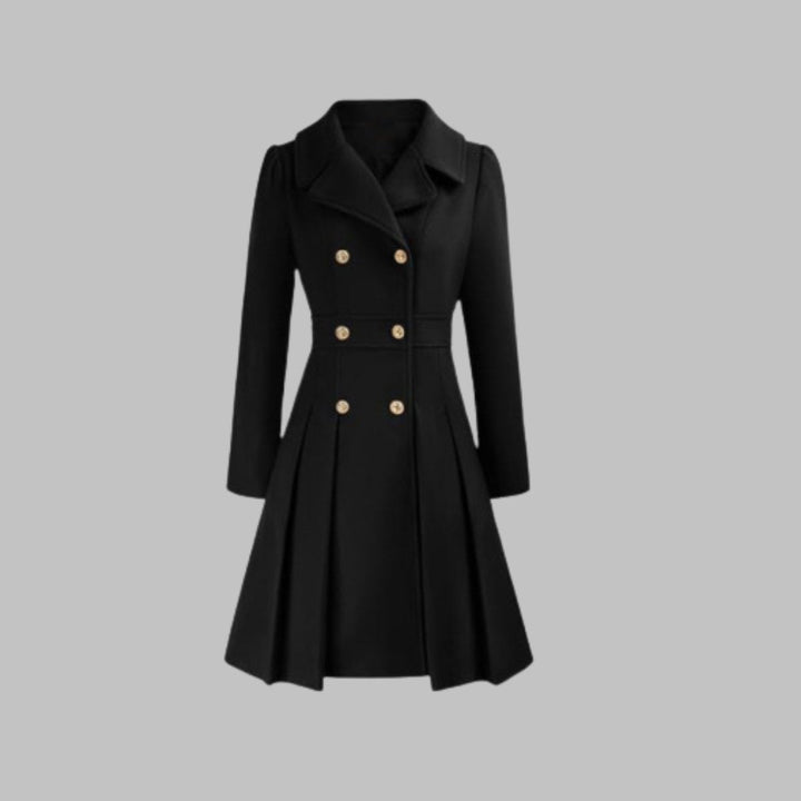 Women's Double Breasted Pleated A Line Long Sleeve Coat