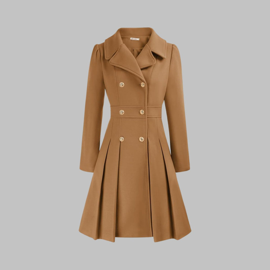 Women's Double Breasted Pleated A Line Long Sleeve Coat