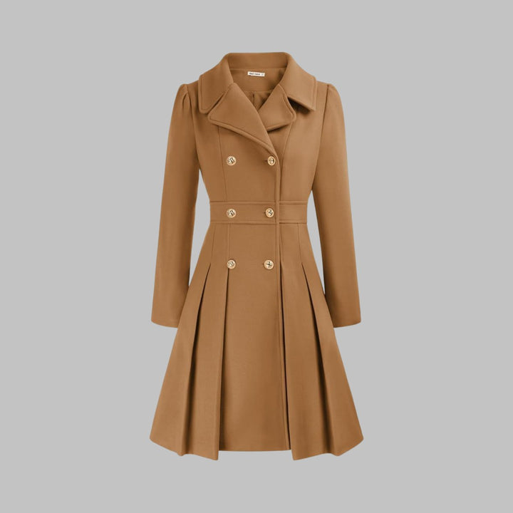 Women's Double Breasted Pleated A Line Long Sleeve Coat