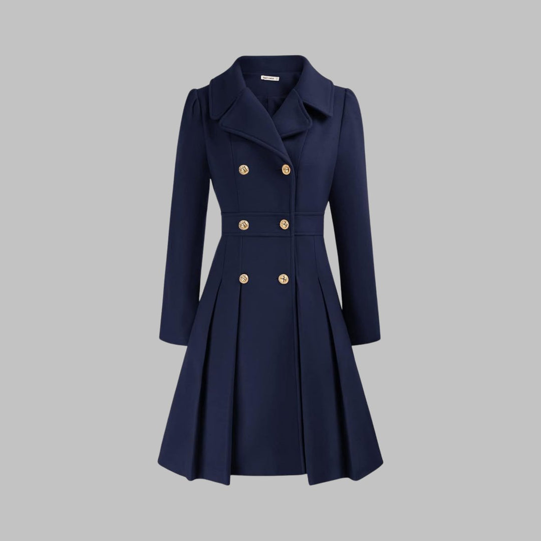 Women's Double Breasted Pleated A Line Long Sleeve Coat