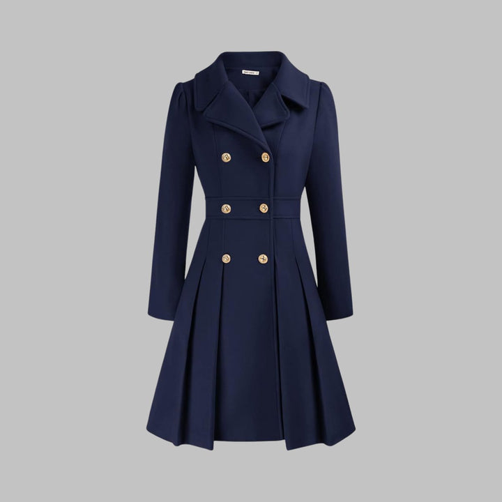 Women's Double Breasted Pleated A Line Long Sleeve Coat