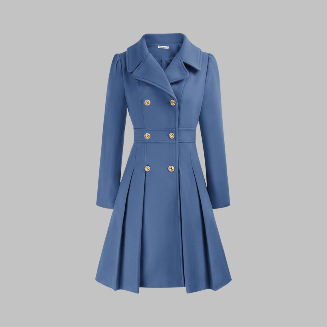 Women's Double Breasted Pleated A Line Long Sleeve Coat
