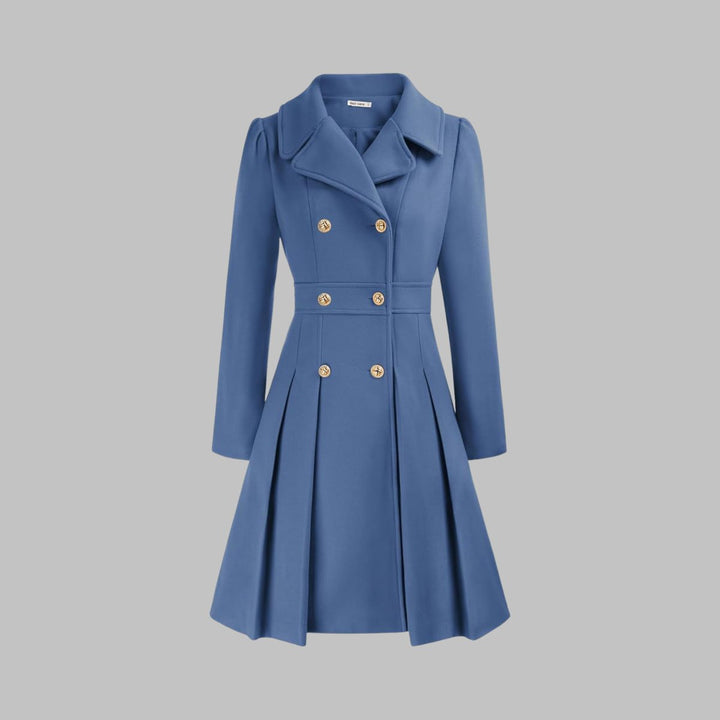 Women's Double Breasted Pleated A Line Long Sleeve Coat