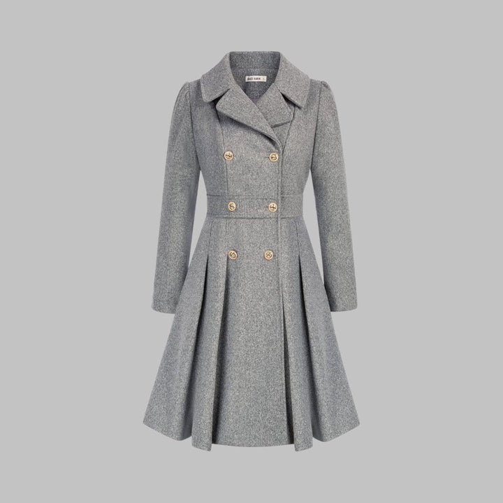 Women's Double Breasted Pleated A Line Long Sleeve Coat