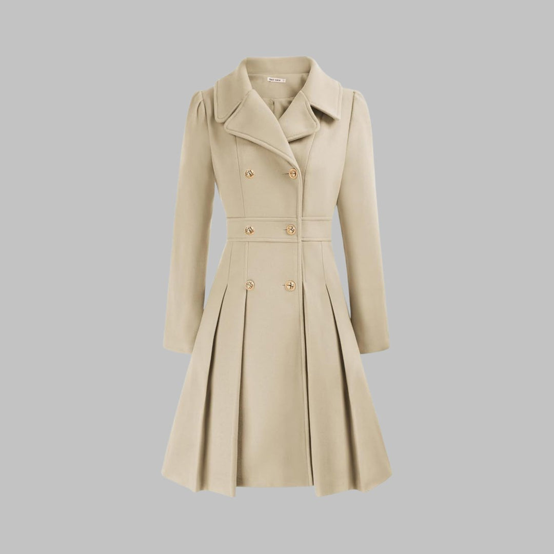 Women's Double Breasted Pleated A Line Long Sleeve Coat