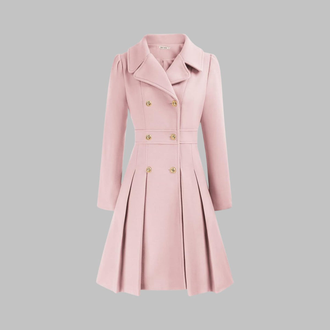 Women's Double Breasted Pleated A Line Long Sleeve Coat
