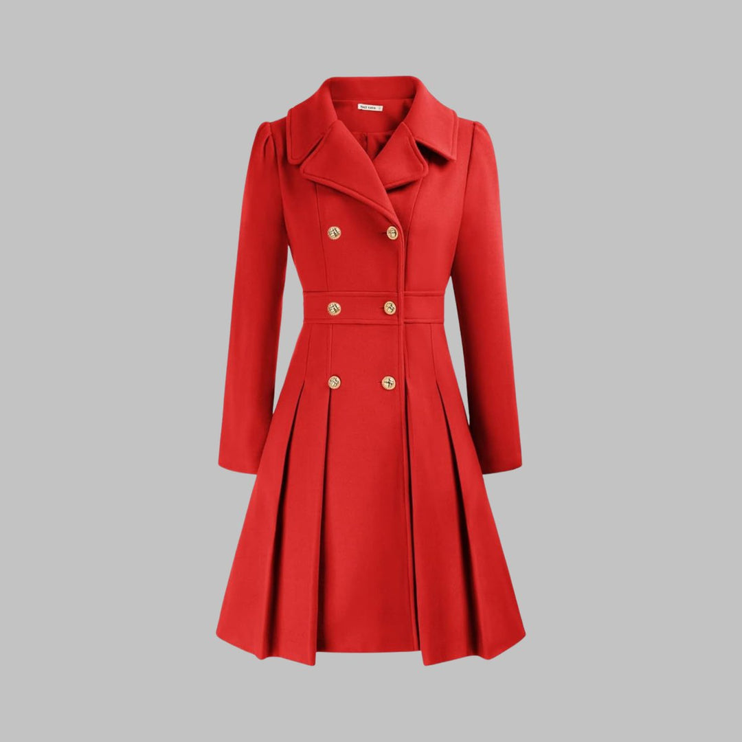Women's Double Breasted Pleated A Line Long Sleeve Coat